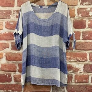 Casa Mastro Top Women's 2X Blue Striped Beachy Linen Tunic Shirt Italy Plus Size